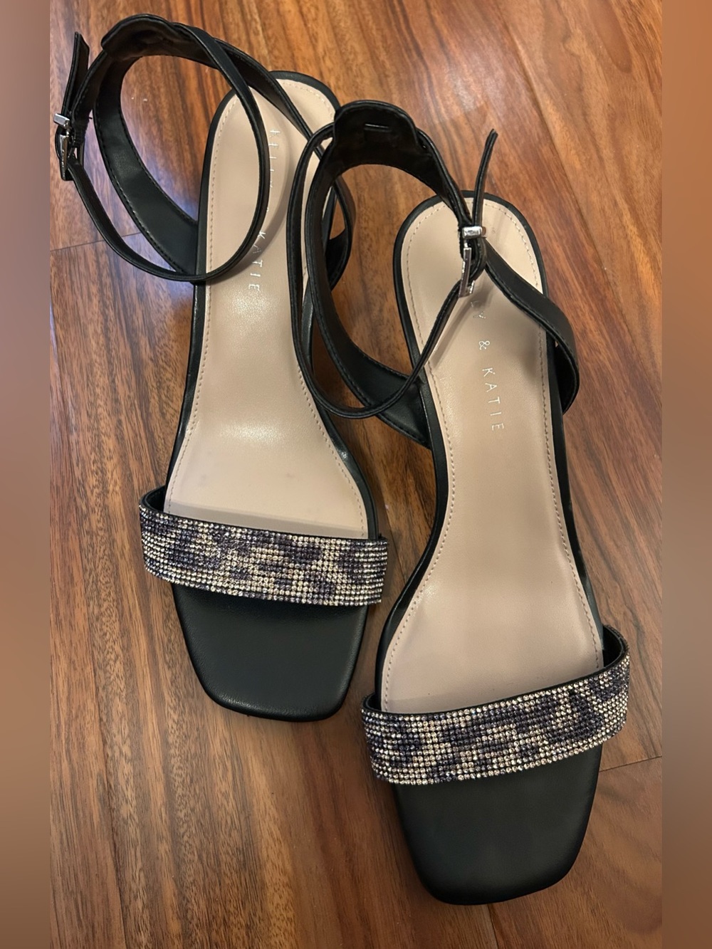 Kelly & Katie Black Ankle-Strap Sandals with Beaded Front Strap